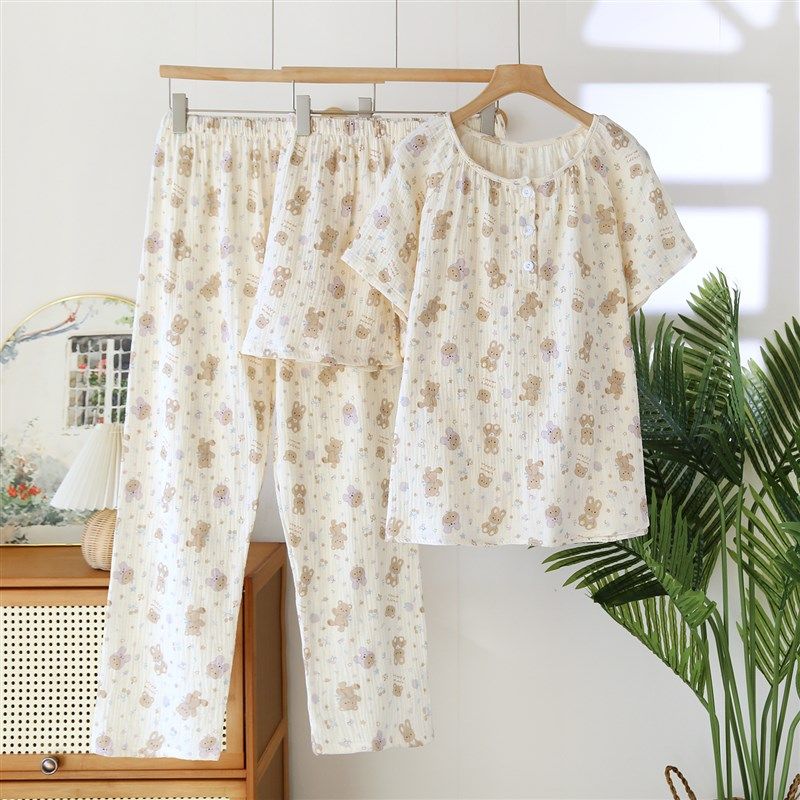 日系纯棉三件套装女士睡衣圆领套头短袖短裤长裤春秋夏双层绉布纱,女士内衣/男士内衣/家居服,睡衣/家居服套装,淘宝优惠券,粉丝福利购,淘宝优惠卷