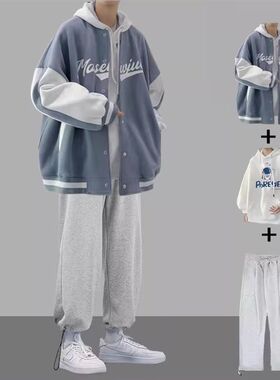 秋冬季港风套装男生外套衣服潮流帅气宽松潮牌夹克一套搭配三件套