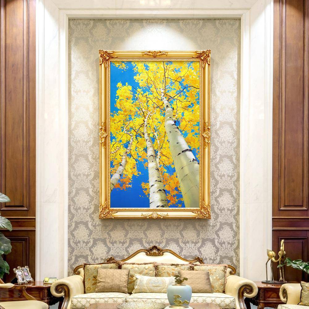 入户玄关装饰画简欧发财树竖版挂画油画客厅走廊大气欧式壁画美式
