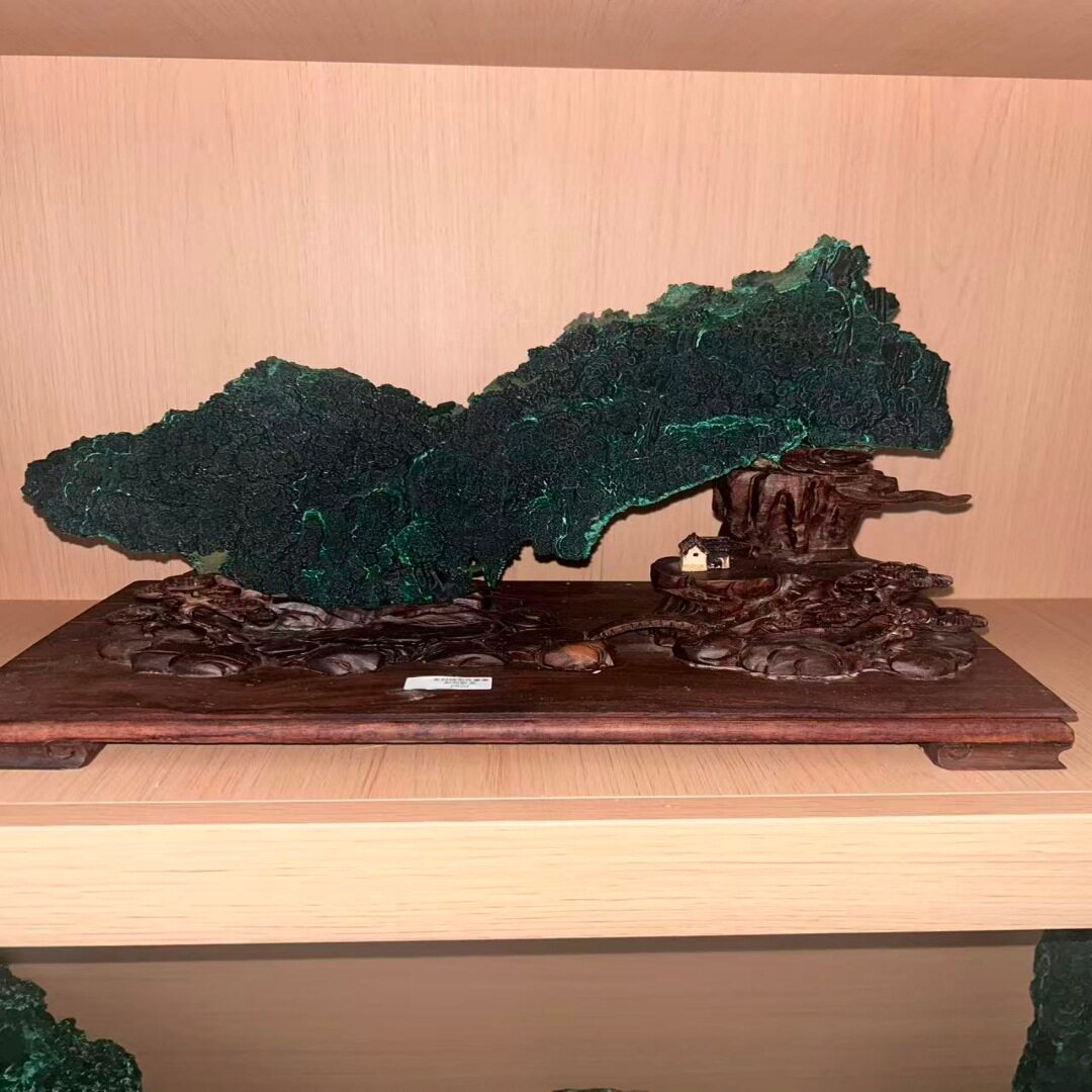 客厅造景装饰观赏石水晶摆件天然奇石老挝绒毛孔雀石教学原石矿标