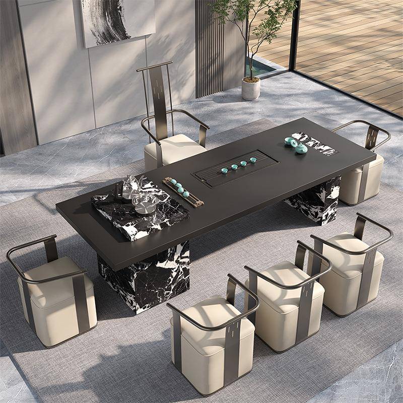 意式极简岩板大板茶桌简约现代高端办公室书桌茶桌烧水壶一体套装