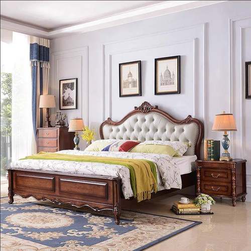 美式轻奢实木床现代简欧床头雕花软包靠背主卧双人床收纳储物大床