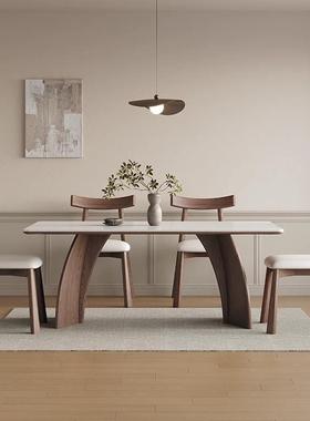 现代简约胡桃色饭桌7K实木岩板餐桌家用意式极简长方形灰色岩板餐