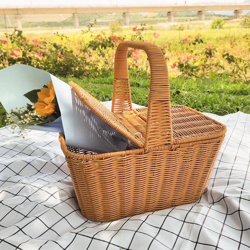 藤花编带盖HS054野餐篮网手篮购物篮田园郊游提篮采摘篮道具收红