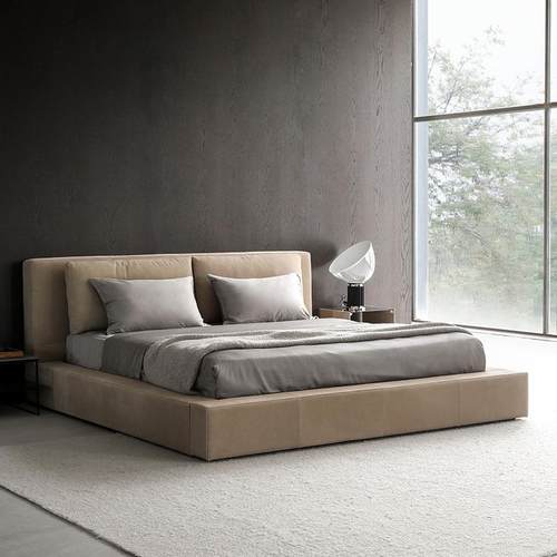 北欧复古莫伦堡意式简约现代美拉德WI全真皮软靠背实木双人主卧床