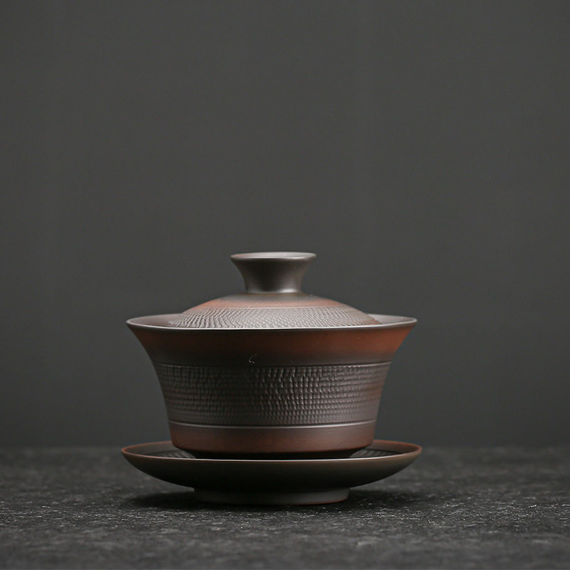 紫陶跳刀纯手工三才盖碗茶杯紫砂纯手工家用泡茶碗坭兴陶瓷茶具