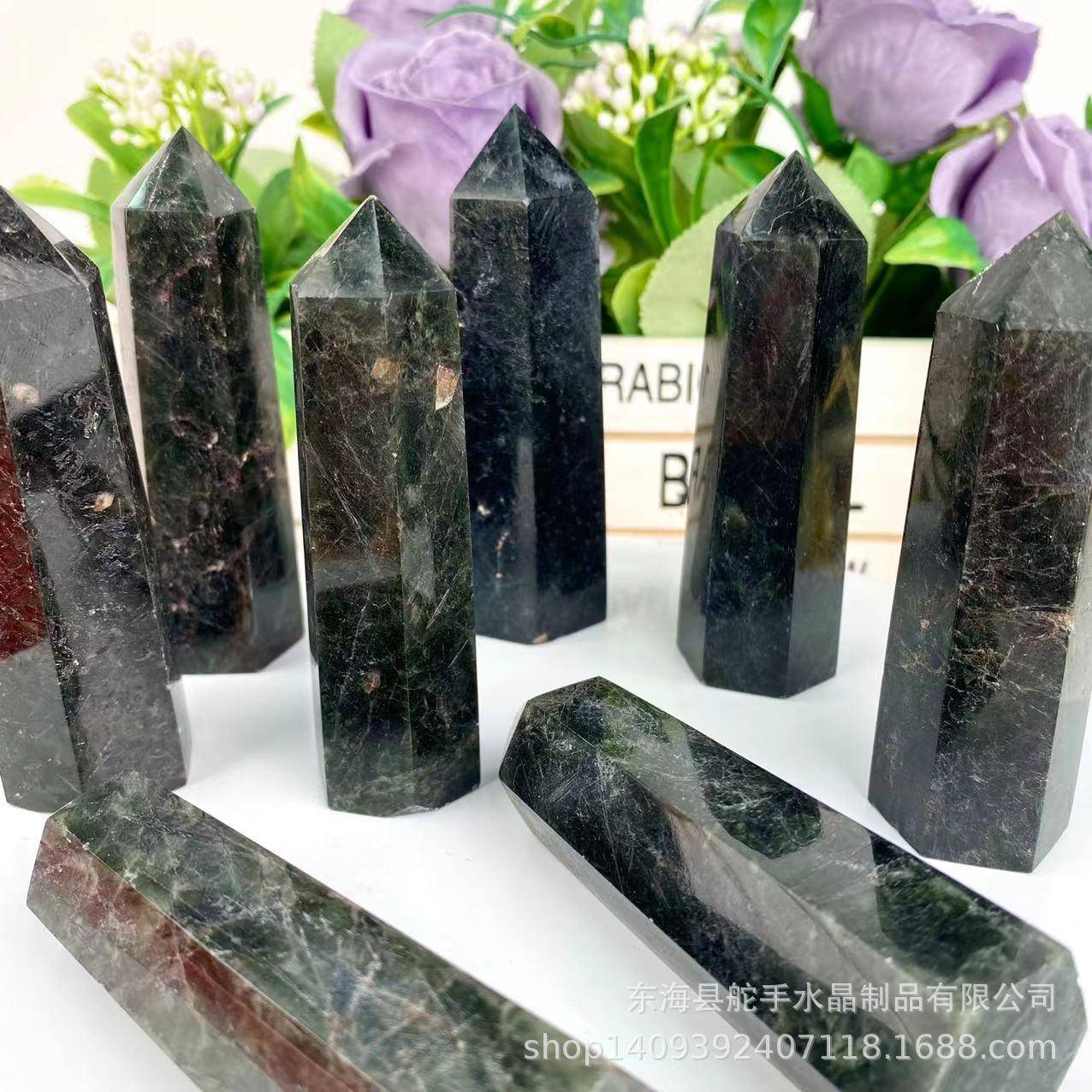 天然绿发晶六棱柱摆件原石打磨单尖水晶柱子家居客厅办公桌面摆设