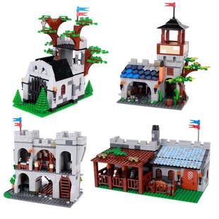 中世纪古代小屋城堡城墙城门楼塔人仔建筑马厩农场小颗粒积木玩具