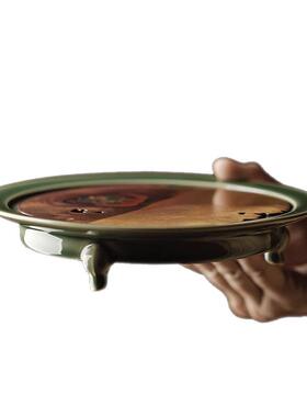 青梅子青F765S899三足工?铜干泡壶承虫蛀小茶瓷盘双层蓄水湿泡台