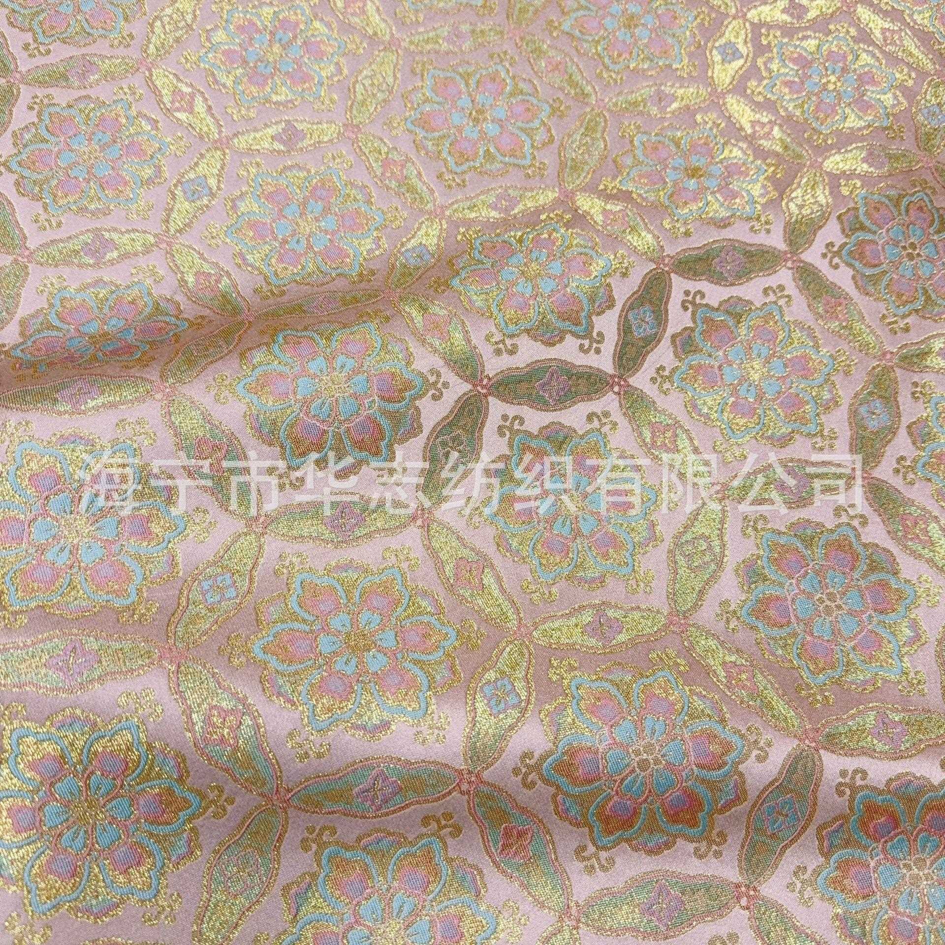 敦煌宝相花纹DLL新金中式提花丝仿真宋丝锦钱布料老风装裱娃衣服