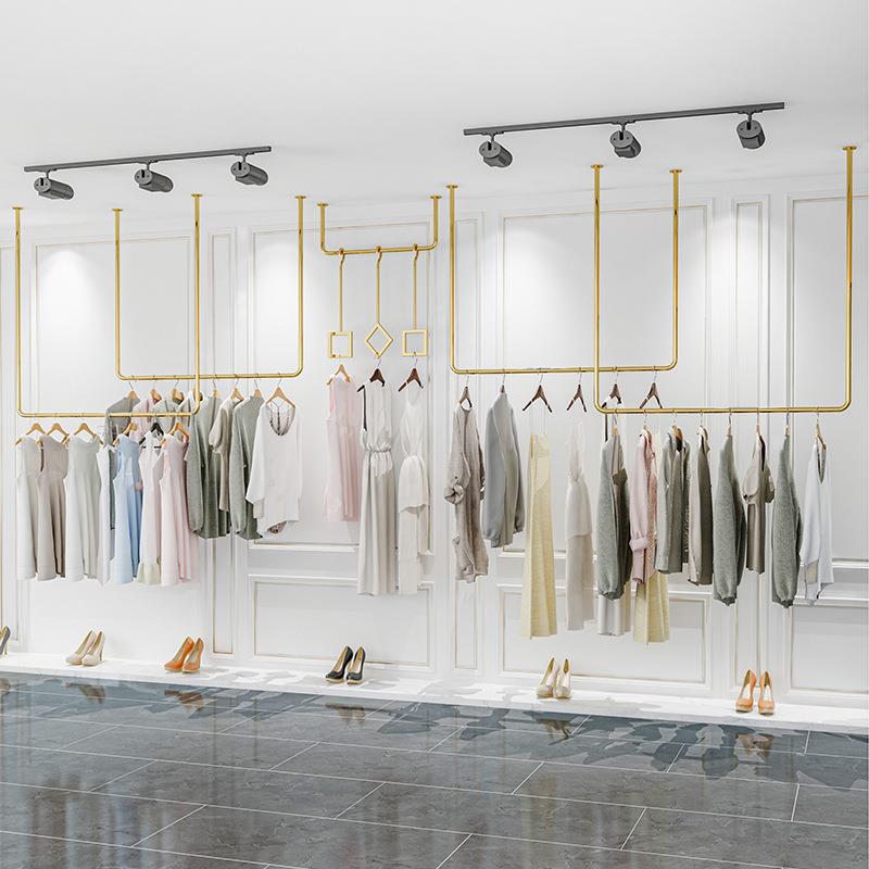 服装店吊顶展示架女装店铁艺货架金色挂衣架U型悬挂衣服架子