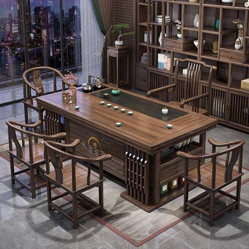 实木茶桌椅组合一桌五椅家用茶台办公室茶几套装设有推拉储物抽屉