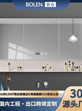 BOLEN伯仑浴室镜柜挂墙卫生洗手间镜子柜带置物架带灯开放格触控