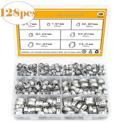 128pcs单耳无极卡箍套装软管卡箍抱箍304不锈钢单耳管夹PEX管卡箍