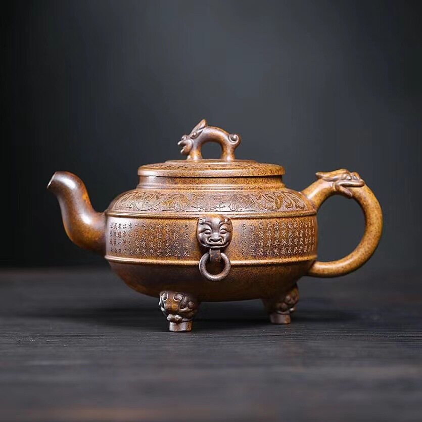 三足龙尊柴烧茶壶手工刻画宜兴紫砂壶工堂直播供货源头茶具密文