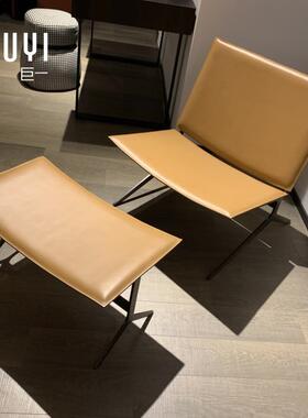 巨一意式马鞍皮不锈钢高档创意躺椅极简橙色客厅沙发椅休闲椅子