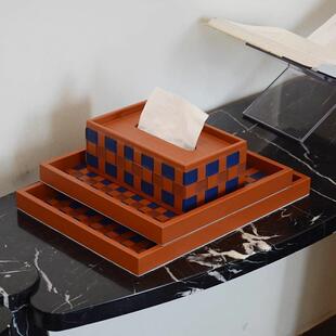 鸢尾FJU蓝金棕奢编织棋盘格皮托轻盘高级收纳盘家用桌面餐质盘