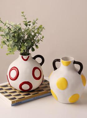 奶油风QLO绘陶瓷奶壶花高器手颜值客厅餐桌插花民宿面陶瓷摆件高