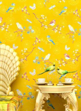 美式墙纸小田花鸟510清新花壁纸蓝色黄色碎简约现代客厅背景园墙