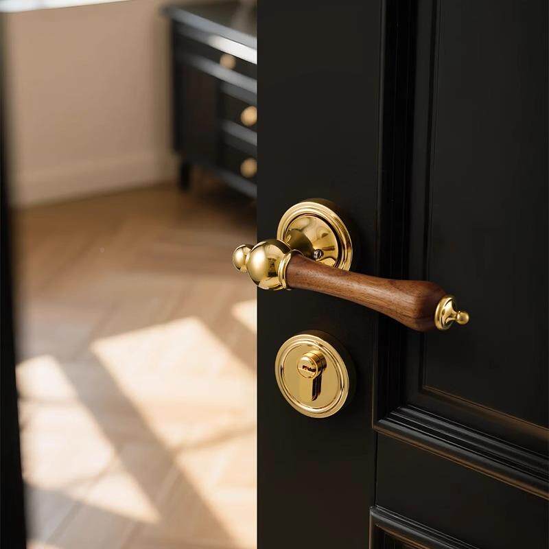 中古风卧室门锁金把色室内木门磁吸木静音房桃门MFT05-16锁胡法式