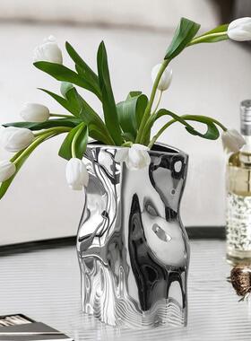 装轻奢高级感电镀银陶瓷花瓶摆件餐插HYO品花客厅桌面家居饰创意