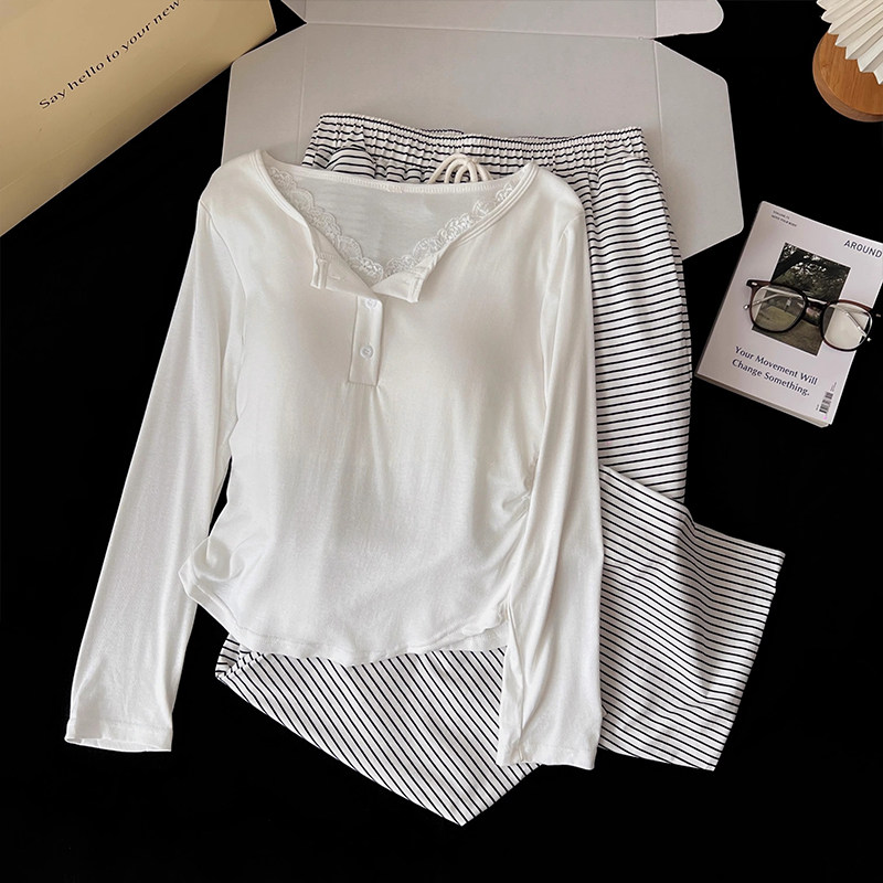 韩系V领纯欲蕾丝睡衣套装