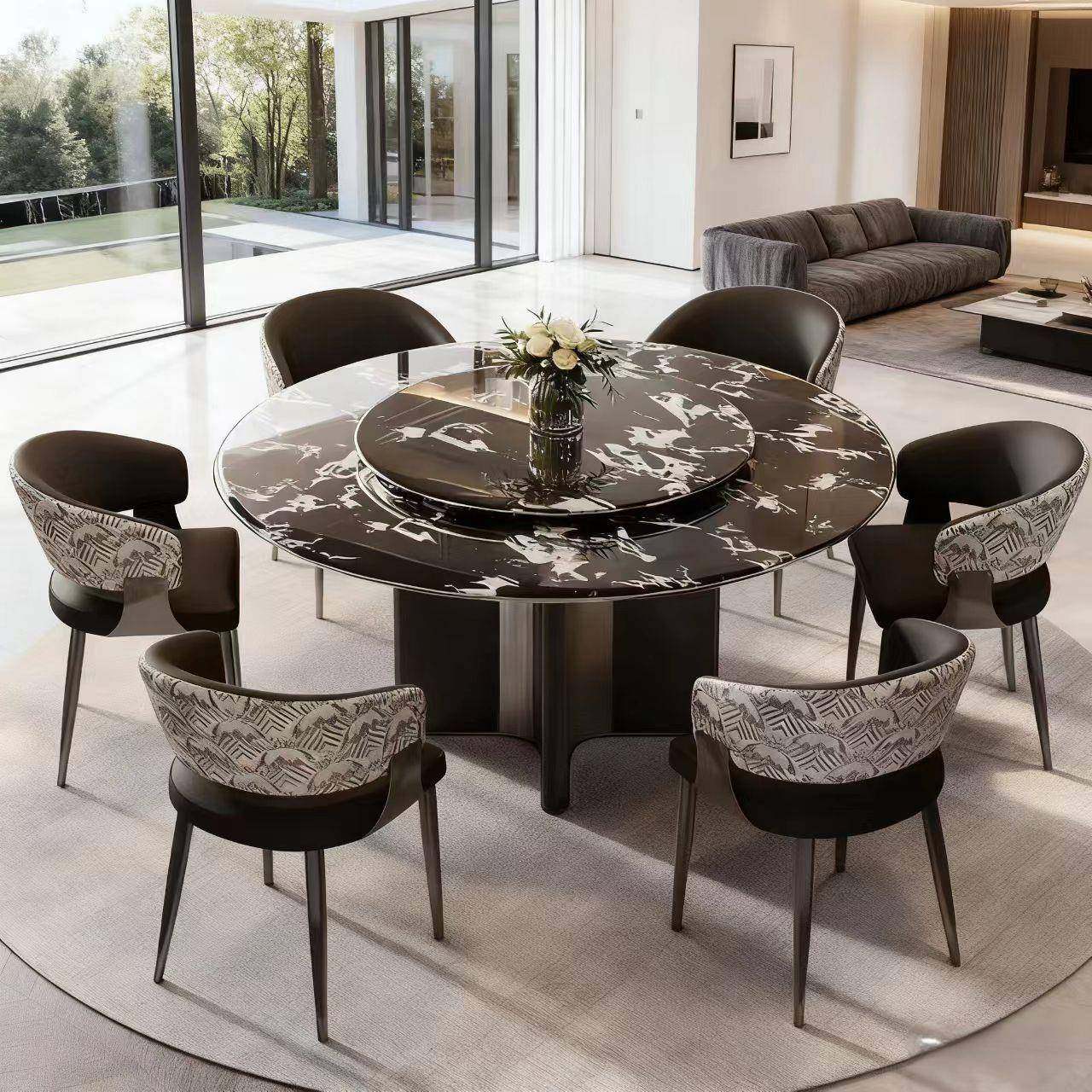 轻奢拿破仑黑天然大理石圆形餐桌带转盘高档别墅家用餐桌椅套装