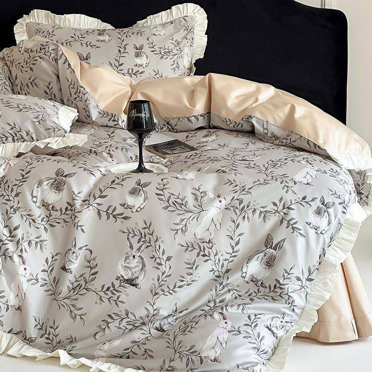 清新花卉美式田园100支长绒棉四件套纯棉贡缎被套全棉荷叶边床品