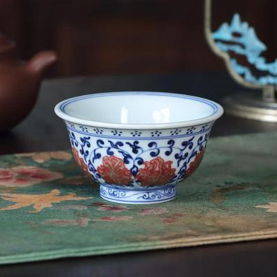 手绘缠枝莲青花釉里红压手杯主人杯单杯高档个人专用釉下彩泡茶杯