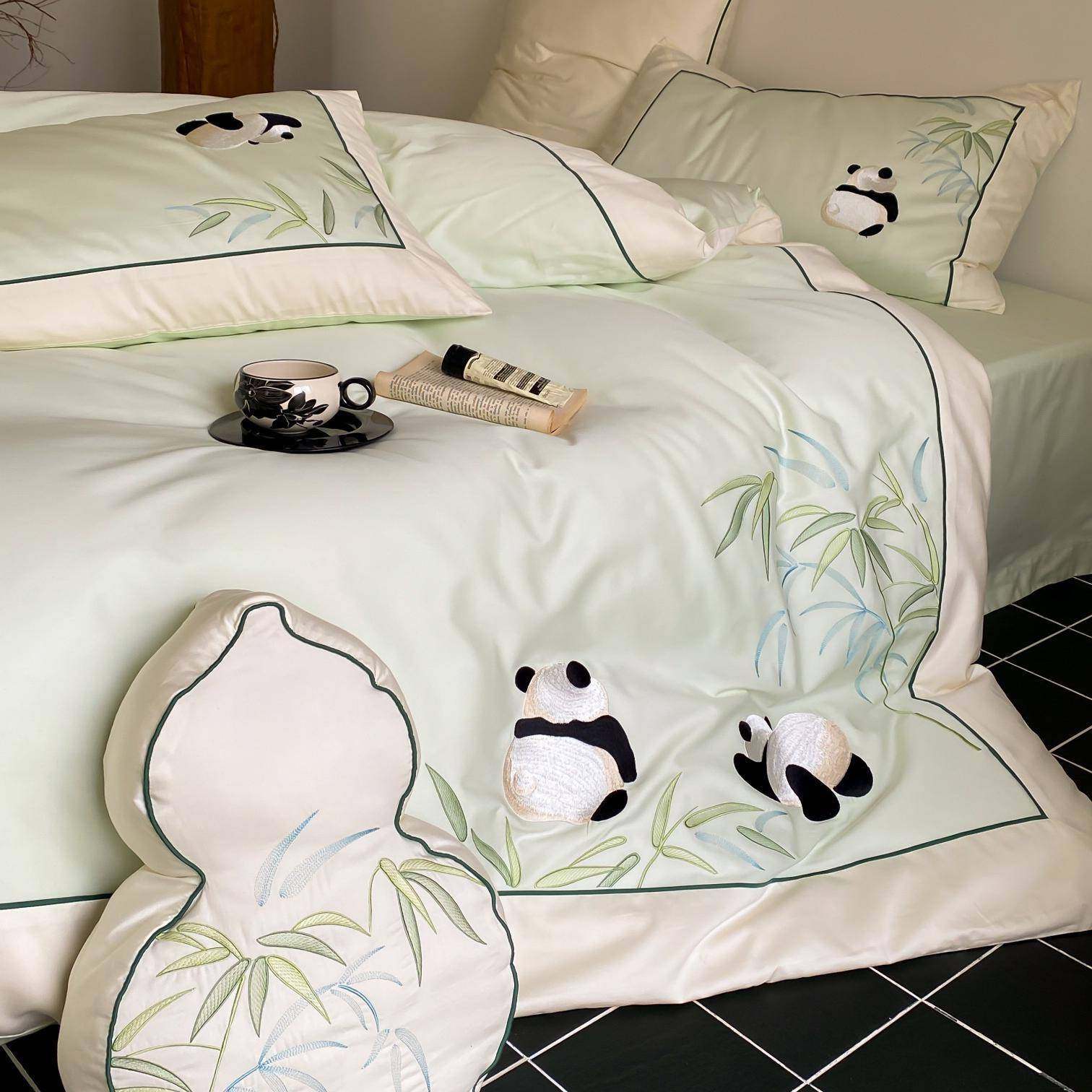 熊猫与竹~新中式全棉四件套100S长绒棉小清新纯棉被套床上用品
