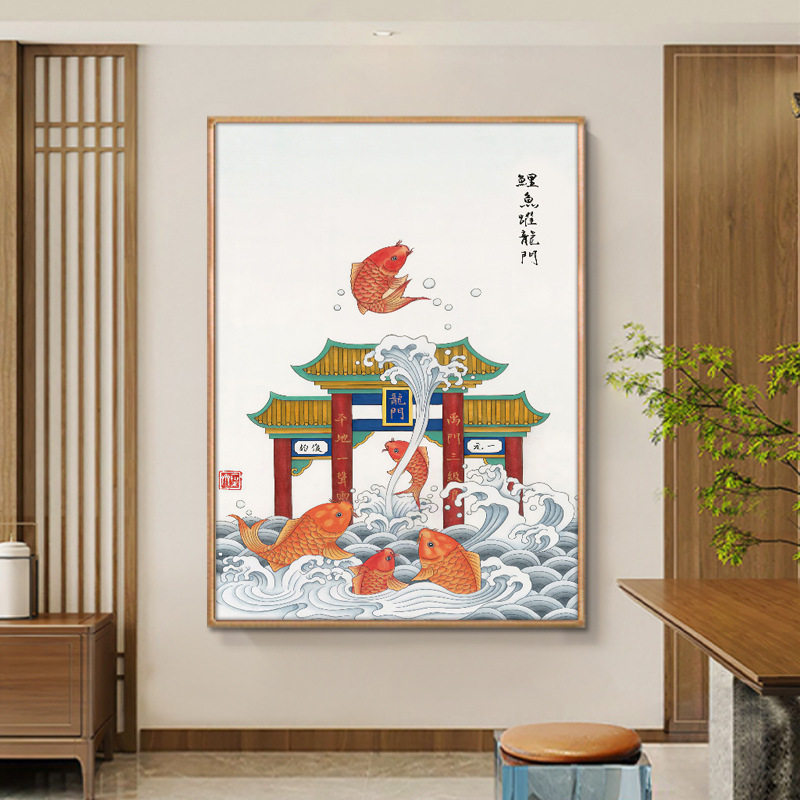 鲤鱼跳龙门装饰画鱼跃龙门旗开得胜高考金榜题名壁画祈愿供奉挂画