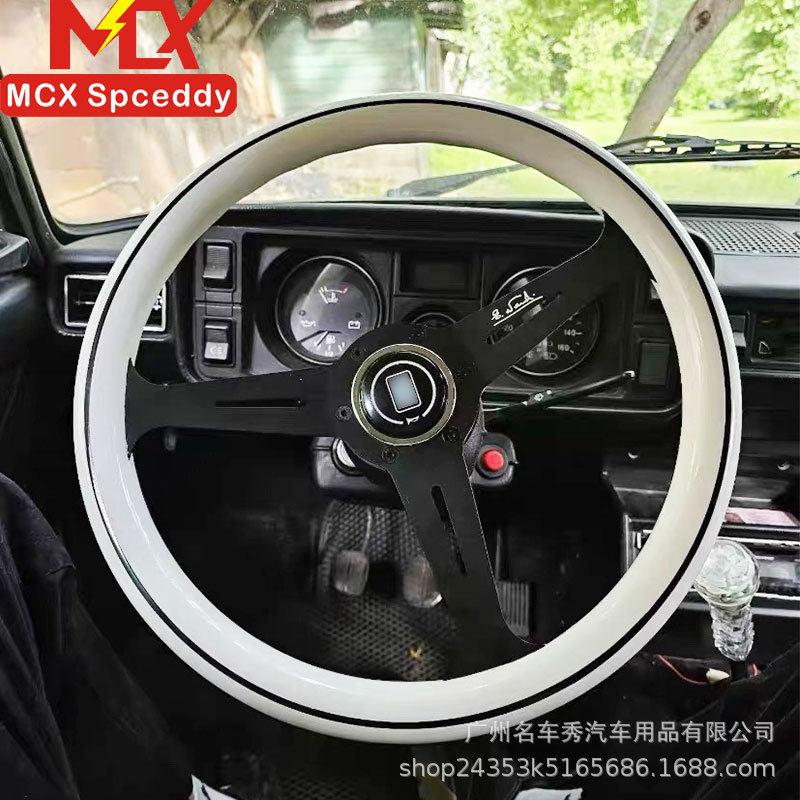 厂家直销汽车改装快拆14寸白色方向盘350mm电镀黑色支架通用