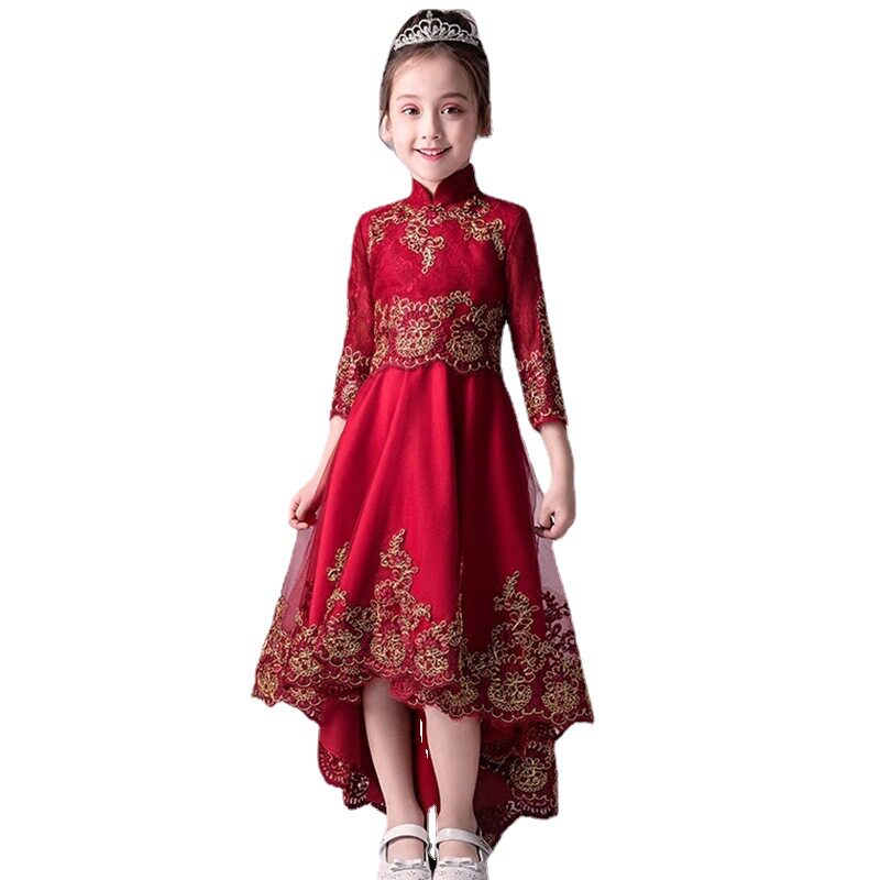 大码胖女孩红色晚礼服公主裙女大童蓬蓬纱花童钢琴演出服小主持人