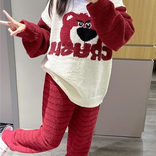 网红睡衣女冬加厚软绵绵可爱草莓熊家居服大码胖mm200斤保暖套装