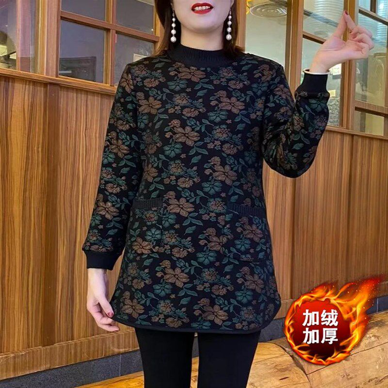 秋冬保暖打底衫新款中老年洋气中长款加厚加绒显瘦长袖妈妈上衣女