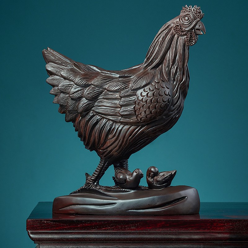 黑檀木雕母鸡摆件实木雕刻生肖小鸡家居创意装饰酒柜电视柜工艺品