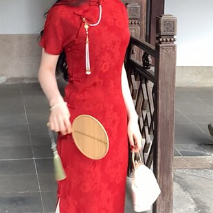 她来了复古馆一片式全开襟红色日常旗袍敬酒服新娘结婚订婚连衣裙