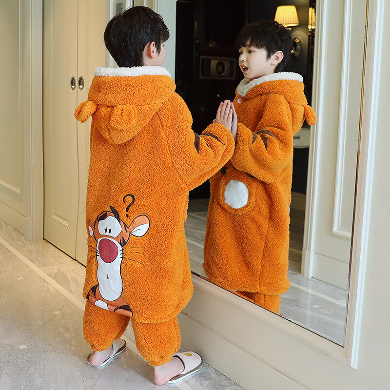 冬季儿童睡衣加厚法兰绒睡袍男童小孩珊瑚绒卡通中长款家居服套装