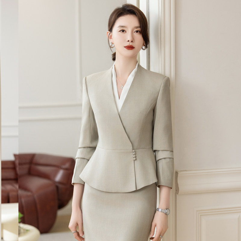 工作服职业气质女春秋长袖西装套装高端美容院前台接待三件套正装