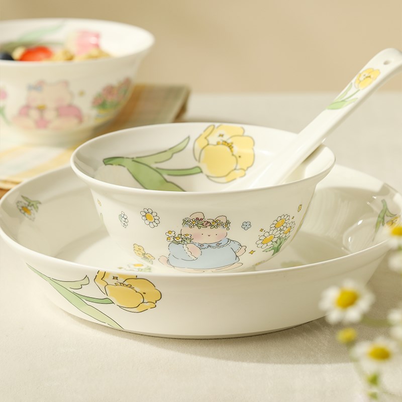 蓝莲花小清新餐具陶瓷早餐碗盘套装家用2人吃饭碗高颜值创意盘子
