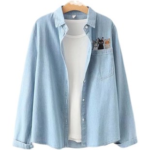 少女春秋牛仔衬衫外套春装新款初中高中学生宽松休闲甜美薄款上衣