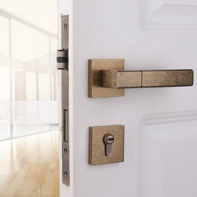 依佰利美式门锁黑色室内简约方形白色门锁北欧式仿古铜静音分体锁