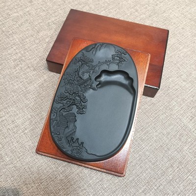 高山流水17.6x11.7x2.3cm歙砚黑龙潭砚台天然石头砚台木盒可磨墨