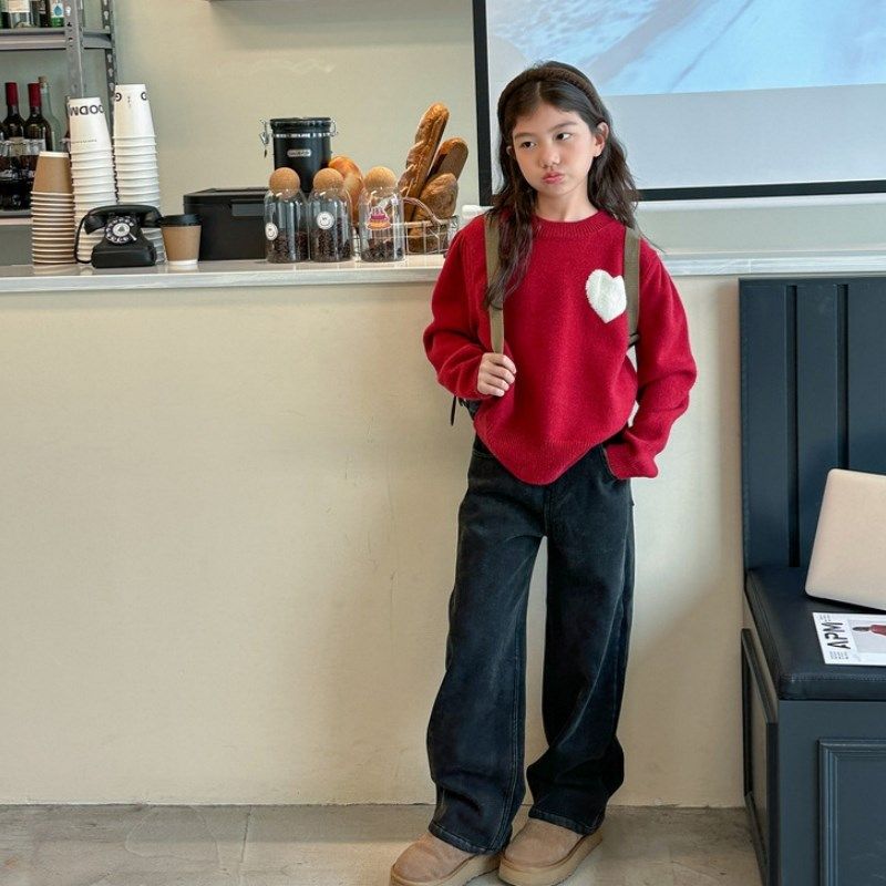 男女童牛仔裤加绒加厚冬装中大童新年黑色直筒长裤阔腿裤儿童裤子