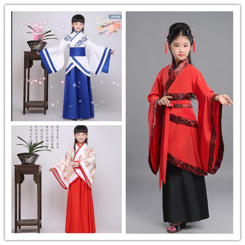 新款古装女童古筝演出服儿童汉服绣花曲裾小女孩复古六一表演服装