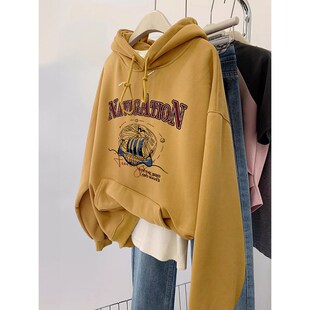 山东即墨黄色加绒卫衣女秋冬款宽松连帽大码女装胖mm套头显瘦上衣