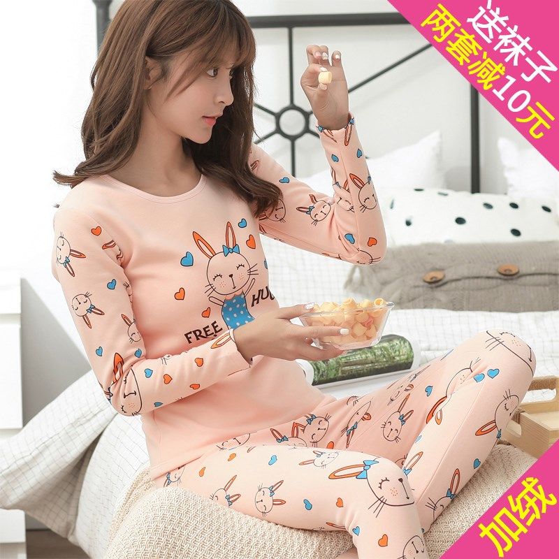 纯棉加绒加厚女士大码保暖内衣女少女学生秋衣套装女秋裤线衣线裤