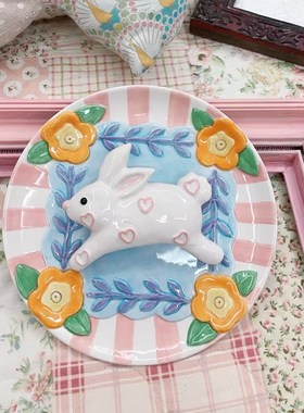 铛哩铛vintage手绘陶瓷兔子花朵装饰挂盘家居装饰盘子送礼礼物