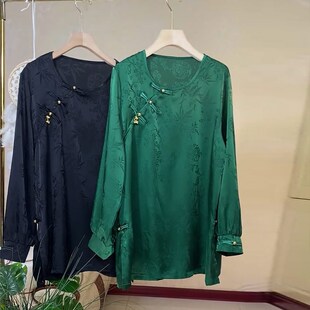 复古风百搭打底衫 大码 上衣胖妹妹2024春秋新款 斜盘扣暗花长袖 女装