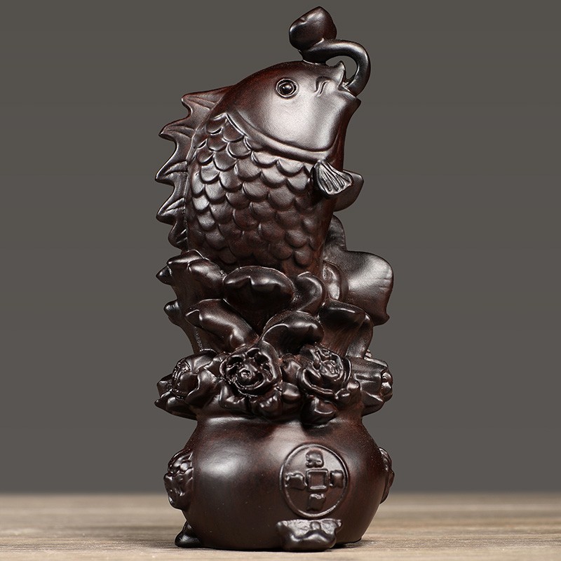 黑檀木雕年年有余聚宝盆摆件实木质家居客厅电视柜酒柜装饰工艺品